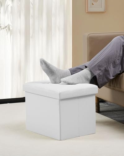 Image of Bsketa Storage Ottoman Bench,17 Inch Folding Leather Foot Rest Stool,White | Ottoman with Storage, Thicker Foam Padded Seat, Living Room, Dorm, Bedroom, Load 330 lbs,Easy to install,17x13x13in