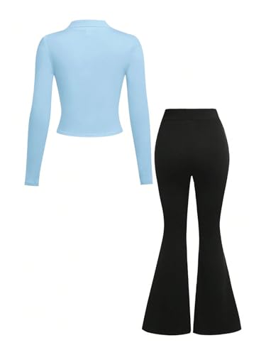 OYOANGLE Girl's Fall Outfits Collared V Neck Long Sleeve Tshirt and Star Bell Bottom Pants Workout Set2