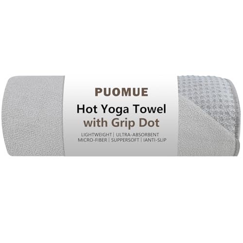 Puomue Hot Yoga Towel with Grip Dot, 72' x 24', Absorbent Microfiber Non Slip Yoga Mat Towel for Hot Yoga, Bikram, Pilates, Exercise and Fitness, Grey