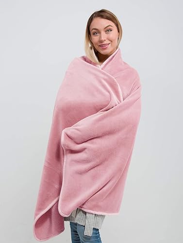 Image of BlueHills Travel Blanket Pillow in Mini Soft Case Premium Plush Airplane Blanket in Soft Bag Compact Pack with Luggage Belt and Backpack Clip - Dusty Rose Pink M02