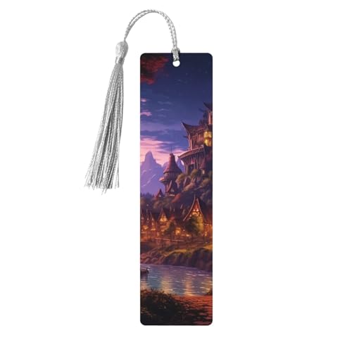 Fantasy Town しおり オーナメント タッセル付き木製しおり ブックマーク 本好きの方へのブックマーク ページマーカー 読書ギフト 女性 男性 手作り 木製 しおりタグラベル