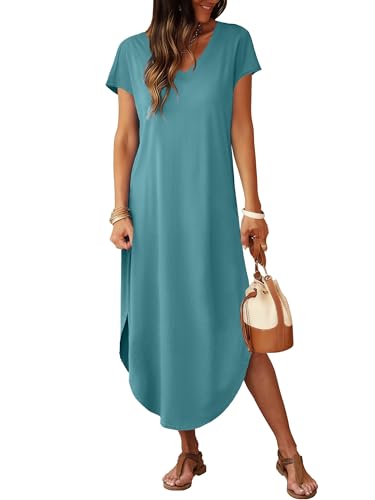 Image of RUMIA Summer Maxi Dresses for Women Cap Sleeve Long Sundress with Pockets