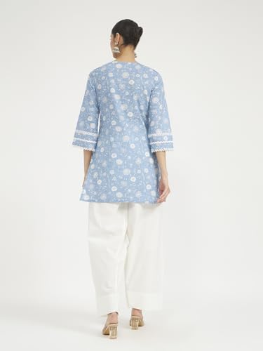Image of FIORRA Women Sky Blue Floral Printed Lace Work Pure Cotton Straight Kurta with Farshi Salwar