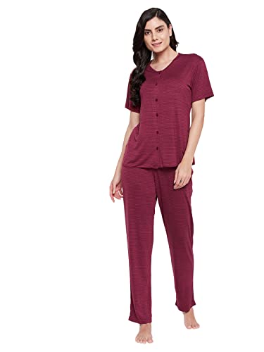 Image of Clovia Women's Cotton Chic Basic Button Top & Pyjama Set in Red