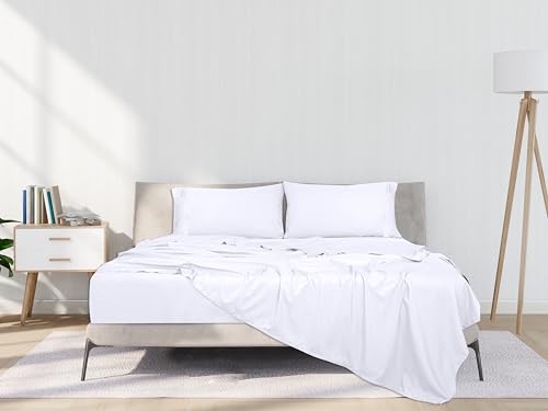 Image of ROYALE LINENS 4 Piece King Sheets Set - Soft Brushed 1800 Microfiber Bedding - 1 Fitted and 1 Flat Sheet, 2 Pillow Cases - Wrinkle Free & Fade Resistant - Hotel Luxury Bed Sheets Set (White, King)