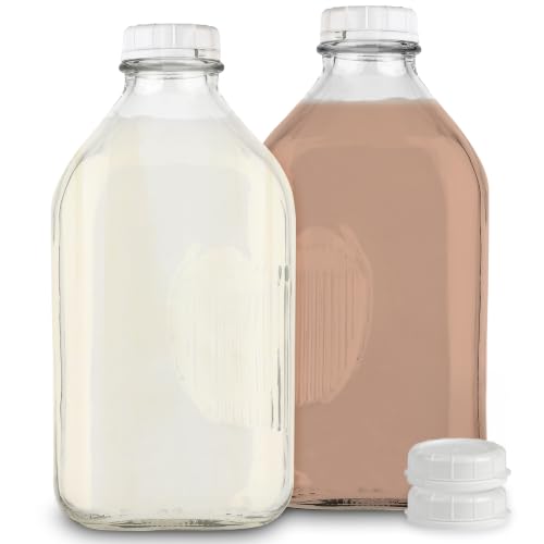 Image of Stock Your Home 64-Oz Glass Milk Jugs with Caps (2 Pack) - 64 Ounce Food Grade Glass Bottles - Dishwasher Safe - Bottles for Milk, Buttermilk, Honey, Tomato Sauce, Jam, Barbecue Sauce