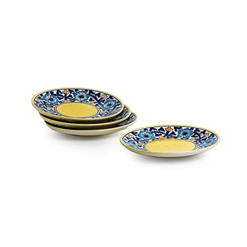 Image of ExclusiveLane Ceramic Quarter Plates /Side Plates for Snacks Plates (Set of 4, 7 Inches, Dishwasher & Microwave Safe) | 'Badamwari Bagheecha' Handpainted Ceramic Plates /Pasta Plate /Serving Plate