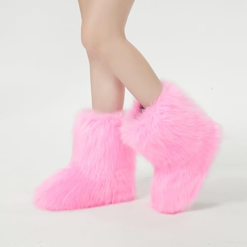 Women's Faux Fur Boots Furry Snow Boots Fuzzy Winter Shoes Fluffy Mid-Calf Flat Boots2