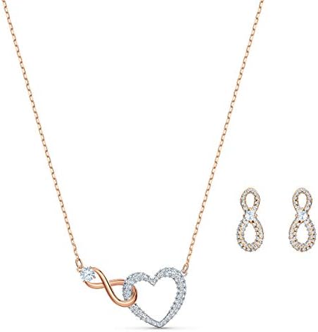 Swarovski Infinity Necklace and Stud Pierced Earrings Set with Clear Crystal Pavé and Mixed Metal Plated Finish in Infinity and Heart Design