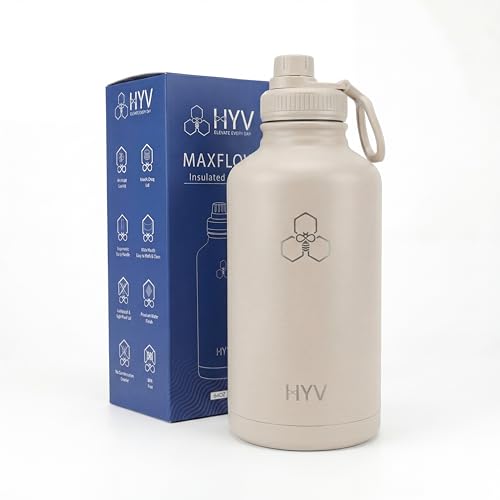 Image of HYV MaxFlow Insulated Water Bottle 2 Litre | Stainless Steel Sipper Bottle for Adults & Kids | Hot & Cold Flask for Gym, Office, Travel | Leakproof BPA-Free with Chug & Carry Handle | Cashmere Beige
