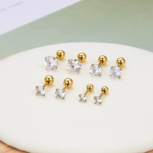 4 Pairs Screw Back Surgical Stainless Steel Stud Earrings, Gold Plated Silver Heart Star Square Princess Cut Round CZ Cubic Zirconia Stud Earrings Set2