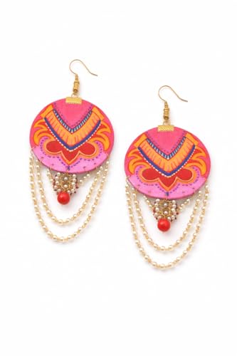 Image of KHOJ.CITY Ethnic Earrings for Women | Lightweight, Hand-Painted Chandbali with Pearl Chain | Handmade Jewellery for Women | Boho Earrings For Girls