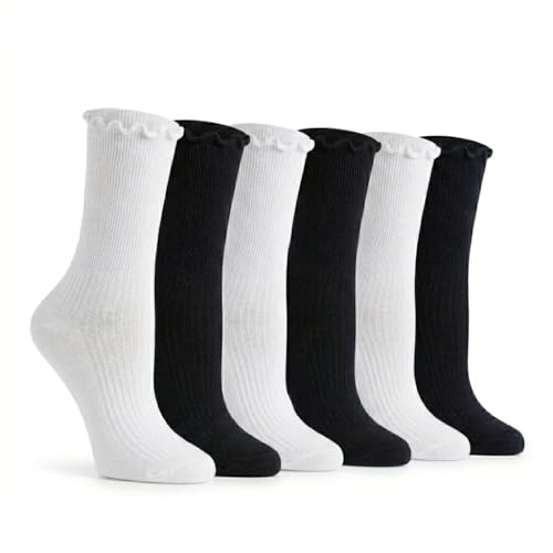 Image of Tipi Toe Women's 6 Pairs Quarter Crew Socks - Lightweight Solid Color Turn-Cuff Ruffle Lettuce Edge Dress Socks, Size 9-11