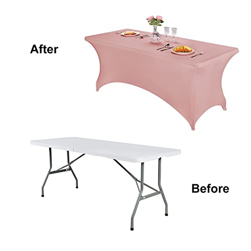 Image of FORLIFE Spandex Table Cover - Fitted 6ft Rectangular Tablecloth, Stretch Patio Table Cover for Wedding, Banquet, Party (Dusty Pink)