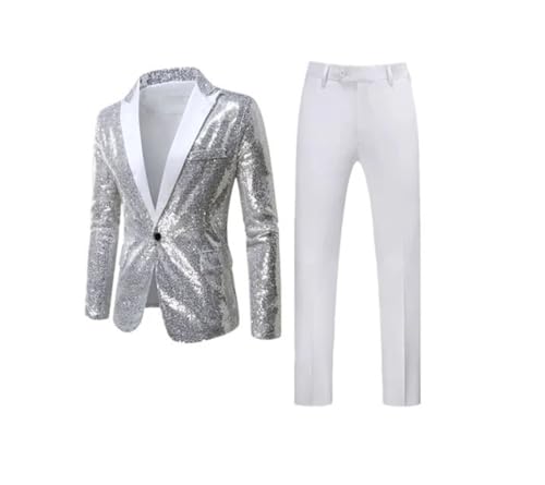 Men Sequins Suit 2 Piece Comfortable Breathable Business Social Dance Party Dress Blazer Pants Silver XL