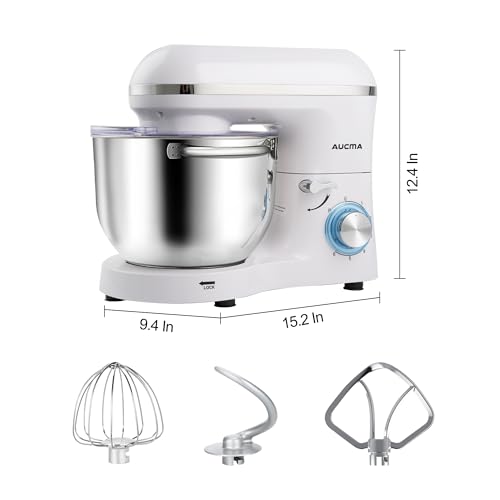 Image of Aucma Stand Mixer,6.5-QT 660W 6-Speed Tilt-Head Food Mixer, Kitchen Electric Mixer with Dough Hook, Wire Whip & Beater (White, 6.5QT)
