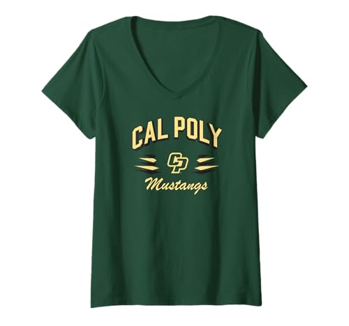 Womens Cal Poly Mustangs Retro Diamond Dark Green V-Neck T-Shirt
