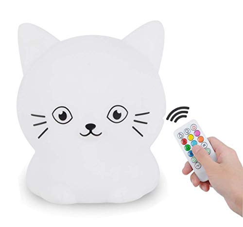 Image of Cat Night Light, Rechargeable LED Bedside Lamp for Children, 9 Changeable Colors Silicone Nursery Lamp for Breastfeeding, Eyes Caring, Tap Adjustable Brightness & Color, Remote Control