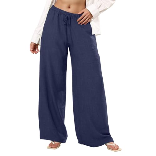 Wide Leg Linen Pants for Women Casual Summer Flowy Palazzo Pants Drawstring Loose Fit Yoga Beach Pant with Pockets