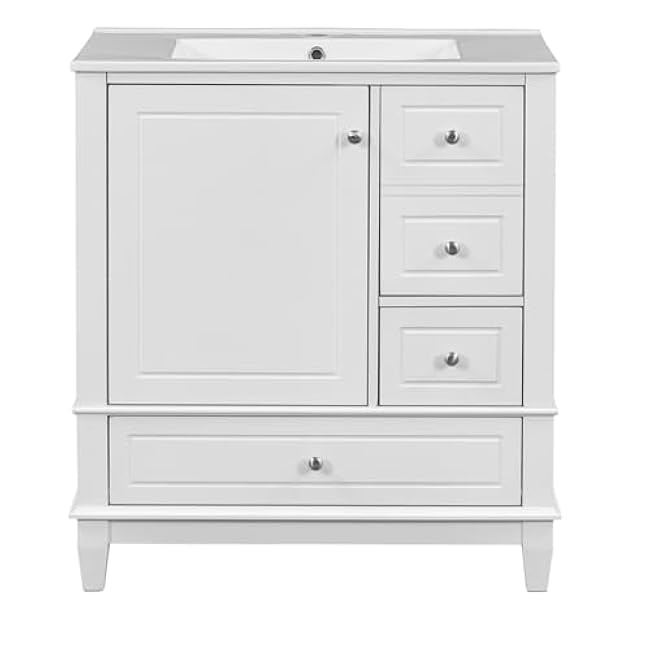 30 Inch Bathroom Vanity with Ceramic Sink Combo Set Modern Lavatory Freestanding Storage Cabinet with Door-Shelf & 3 Drawers for Small Space, Solid Wood Frame, White