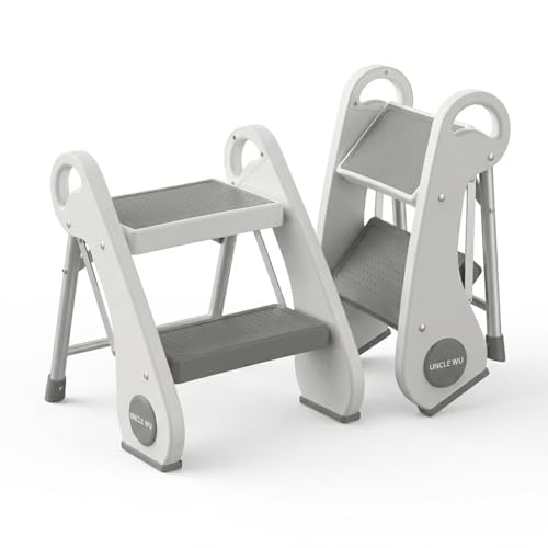 UNCLE WU Foldable Step Stool for Toddlers (10.6 High) - Portable Mini 2-Step Steel Frame Stool for Bathroom Sink Potty Training & Kitchen - Anti-Slip Space Saving Travel Size Supports 200lbs