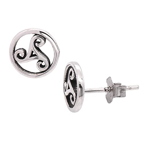8mm Small Dainty Circle Celtic Triskelion Triple Spiral Oxidized 925 Sterling Silver Studs Earrings