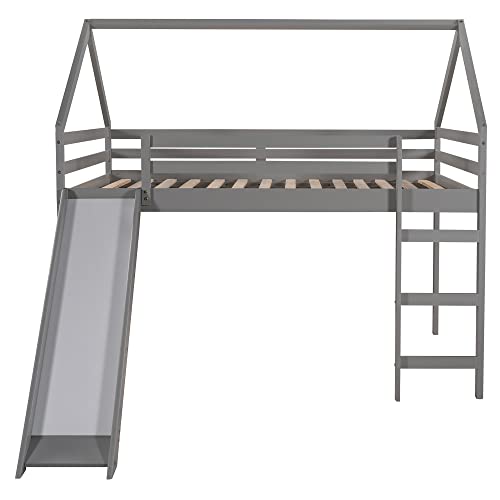 Lifeand Full Size Loft Bed With Slide,Wooden House Bed For Kids/Girls/Boys, Gray #TOP2