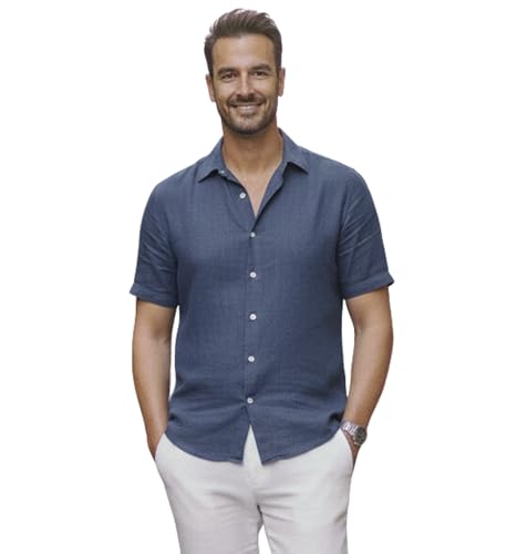 Image of Glowic Men Linen Shirt Casual Regular Fit Solid Stylish Summer Wear Shirt for Office Party Beach Holiday Lightweight Breathable Fashion Shirt