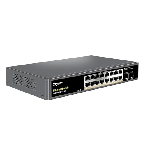 Ztyuav 16 Port Unmanaged 2.5G Ethernet Switch with 16 x 2.5G RJ-45 Ports 2 x 10G SFP+ Ports Ports Speed Auto-Negotiation-100/1000/2500Mbps One-Key VLAN Fanless Metal Design Plug & Play