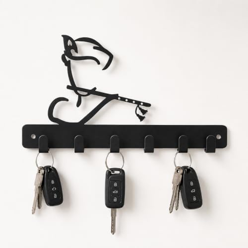 Image of Key Holder for Home, Metal Wall Mounted, 6 Hooks (Krishna Bansuri) | Cat Design, Includes Mounting Screws, For Home Use, 6 Hook Hanger, Metal Construction