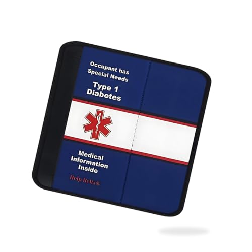 Type 1 Diabetes Awareness Medical Alert Seatbelt Cover for Children in Car Seats (6”) Featuring an Emergency Information Form and Pocket by Help Belts. (Blue/White)