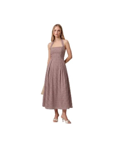 Image of Women's Gingham Veranda Maxi Dress, Halter Neck Tie Back, Sleeveless Plaid Long Sun Dress for Vacation and Brunch