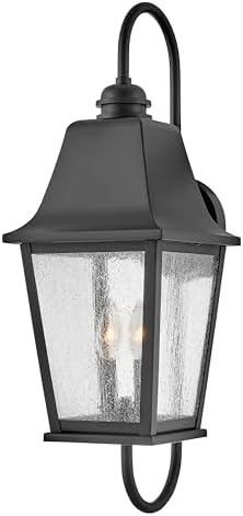 Hinkley Kingston Two Light Wall Mount Outdoor Lantern, Oversized Sweeping Roof and Bottom Arm, Aluminum, Clear Seedy Glass, Black Finish