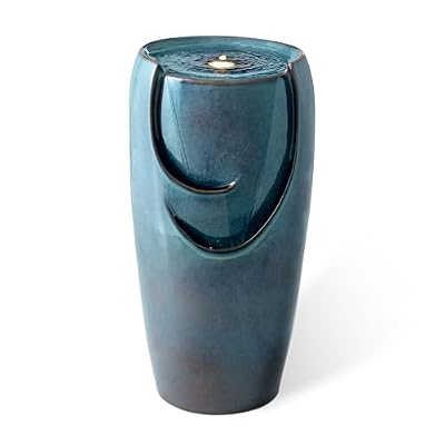 Glitzhome 29.25" Outdoor Garden Fountain Ceramic Jar Water Fountain with LED Lights and Pump Cascading Waterfall Vase Fountain for Patio Garden Yard Porch,Turquoise