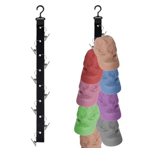 BangBoom Paquete de 2 organizadores de sombreros con 16 clips de acero inoxidable, estante de almacenamiento vertical para sombreros, soporte para sombreros para gorras de béisbol, regalo para hombre