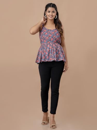 Image of feranoid Women Cotton Printed Sleeveless Strap Peplum Top