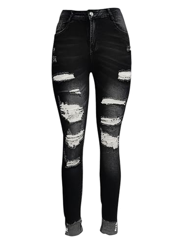 Women's High Waisted Ripped Skinny Jeans Distressed Medium Wash Stretch Frayed Ankle Cuffs 5-Pocket Comfort Fit Casual Streetwear