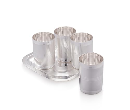 Image of Silverglow Harmony Tray Glass Set | Silver Plated Glass Set of 4 with Tray | Juice, Water, Beverages Serving Set | Tableware Set | Perfect Diwali, Office, Wedding Return Gift Item