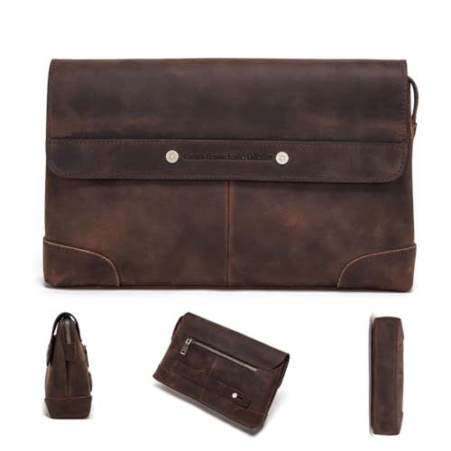 CONTACTS Clutch Executiva Masculina em Couro Legítimo – Bolsa de Mão com Zíper Antifurto, Alça de Mão, Bolsa Clutch com 12 Slots para Cartões, Fecho Magnético, Luxo – Cor Marrom
