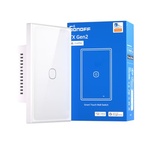 SONOFF TX Gen2 Interruttore Touch Intelligente per Parete: 1 Canale, Pannello Tipo 120, Wi-Fi 2.4GHz, App eWeLink, Compatibile con Matter, Apple Home/Google Home/Amazon Alexa, T6-1C-120M