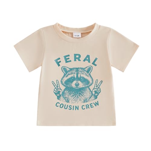 Toddler Baby Boy T-Shirt Summer Tee Letter Graphic Print Short Sleeve Crew Neck Tops Kids Cute Clothes (Raccoon Cousin Apricot 18-24 Months)