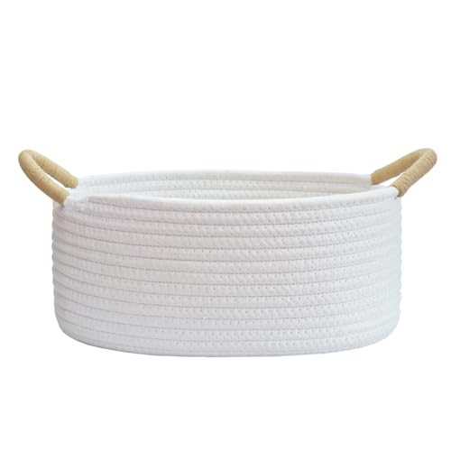 Yimi’s Dream Gift Baskets Empty, Small Basket for Organizing, White Cotton Rope Basket with Handle for Decor, Baby Cat Dog Toy (Oval, 12″x 8″x 5″)