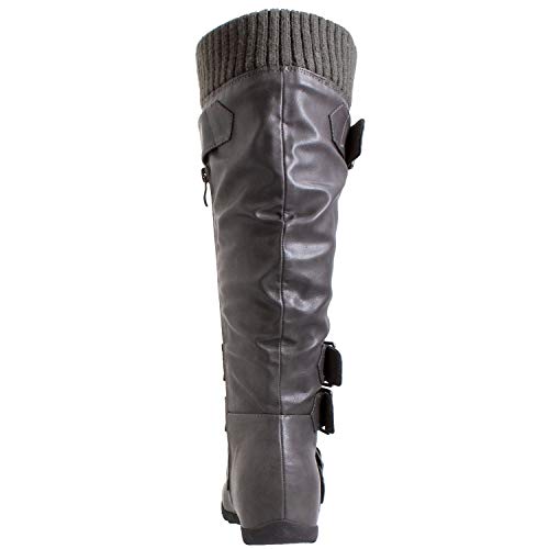 Generation Y Women's Knee High Mid Calf Flats Boots Sweater Knitted Cuff Buckles Wedge Rubber Sole Gray Pu Size 11 #TOP3
