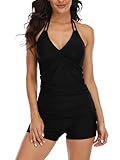 SERENYOU Tankini Swimsuits for Women Two Piece Bathing Suit Women's Swimwear V Neck Halter Tummy Control Tankini Top with Boyshorts Set Black L