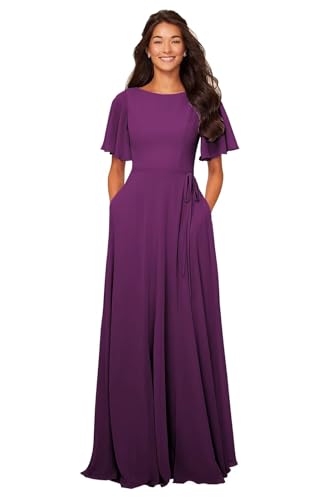 Image of petyoo Chiffon Flutter Sleeve Bridesmaid Dresses with Pockets Sash Long A Line Formal Dress