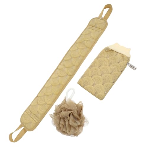 STOBAZA Juego de 3 Piezas Toalla de Baño Larga para Masaje de Espalda Bola de Ducha Exfoliante y Toalla para Tirar Hacia Atrás en Color Caqui Accesorios de Baño para Limpieza Profunda y