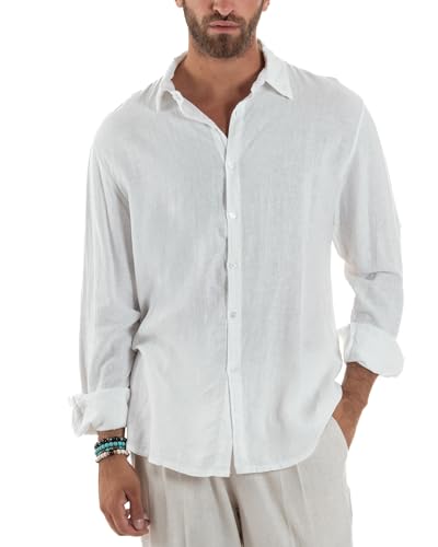 Giosal Camicia Uomo Lino Colletto Maniche Lunghe Casual Regular Fit Basic Tinta Unita Vari Colori (IT, Testo, S, Regular, Regular, Bianco)