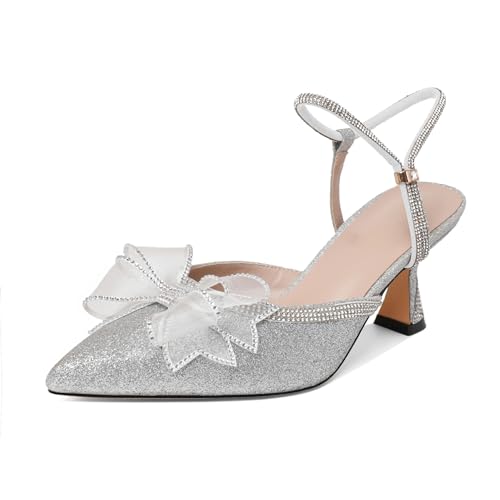 Joseywade Rhinestone Bow Heels Women Pointed Toe Low Heels Pumps Adjustable Ankle Strap Wedding Bridal Shoes