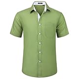 HISDERN Camisas de Manga Corta para Hombre Camisas Informales de Verano para Negocios con Bolsillos, Corte Regular,Verde&Blanco,2XL