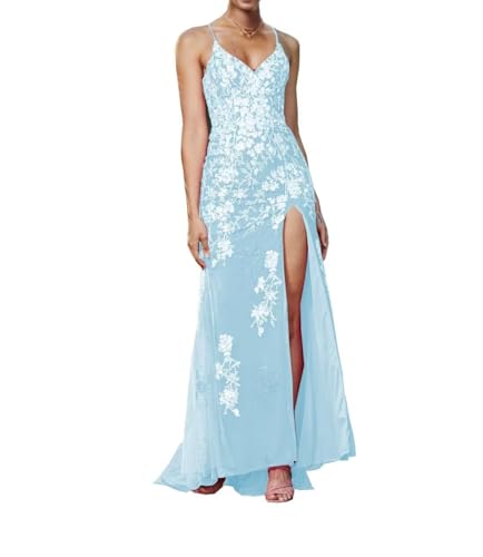 Image of Long Spaghetti Straps Tulle Mermiad Prom Dress V Neck Lace Appliques Formal Dress with Slit SF203